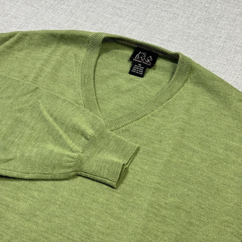 Jos. A. Bank Sweater Mens XL Green V-Neck Tight-Knit Wool Pullover Lightweight